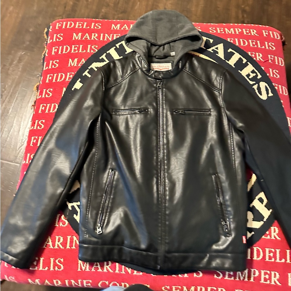 Levi’s black faux-leather grey hooded racer jacket.
